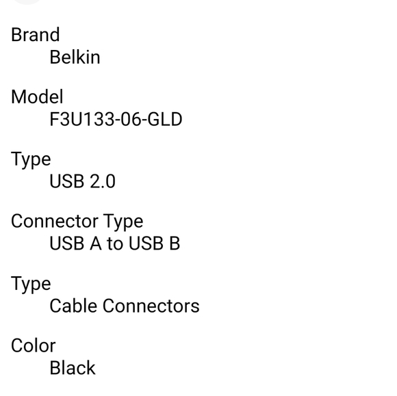 BELKIN PRO 6' / 1.8M USB 2 HI SPEED A/B PLUG 480 MBPS USB CABLE MOD # F3U133-06 - Picture 6 of 7